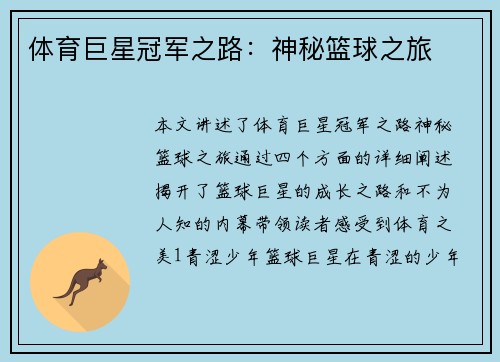 体育巨星冠军之路：神秘篮球之旅